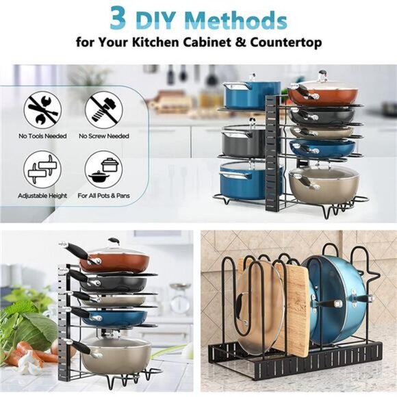 Pots and Pans Organizer for Cabinet, 8 Tier Pot Rack, Adjustable Pan Organizer - Picture 3 of 6